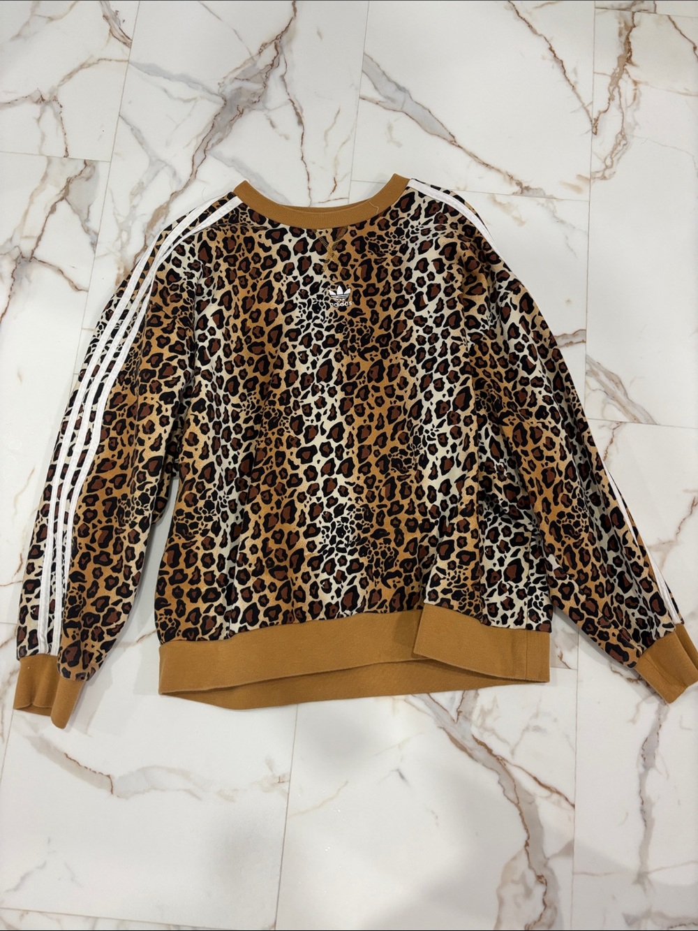 adidas Leopard Print Crewneck Sweater in Brown and Black with White Stripes